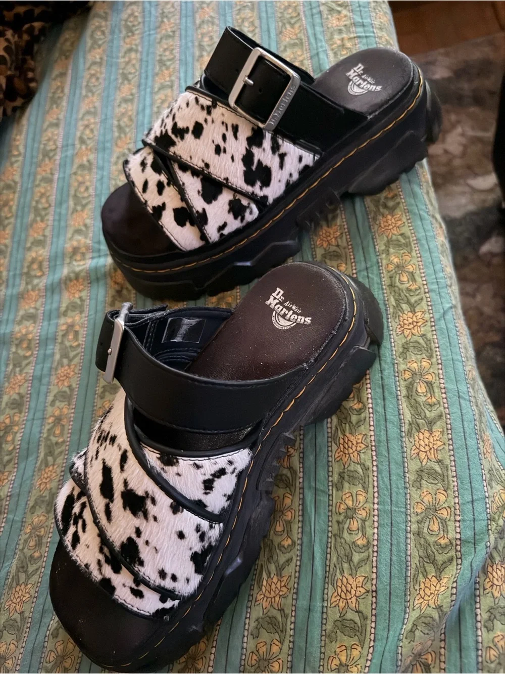 Dr. Martens Lladies Black & White Cow Print Platform Leather Slide Sandals